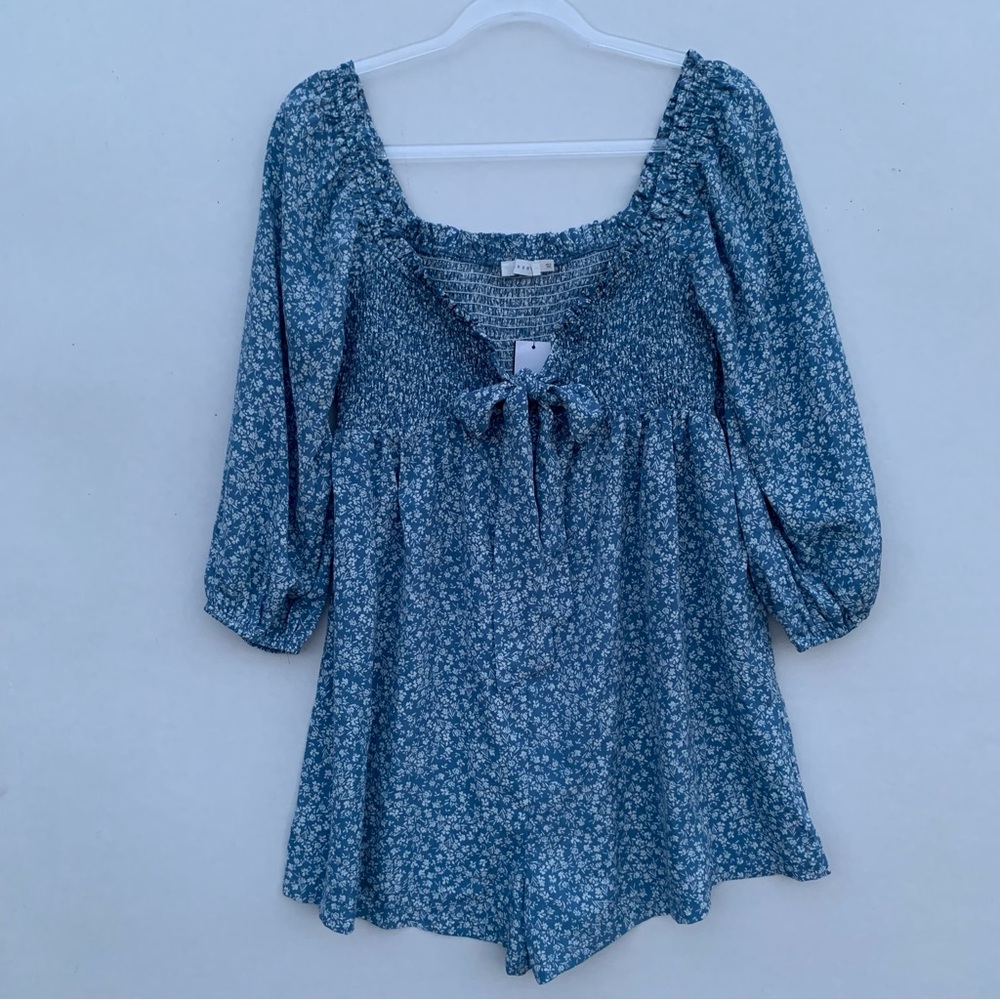 Lush Blue and White Jumpsuit with Puff Sleeves and Tie Front Size large